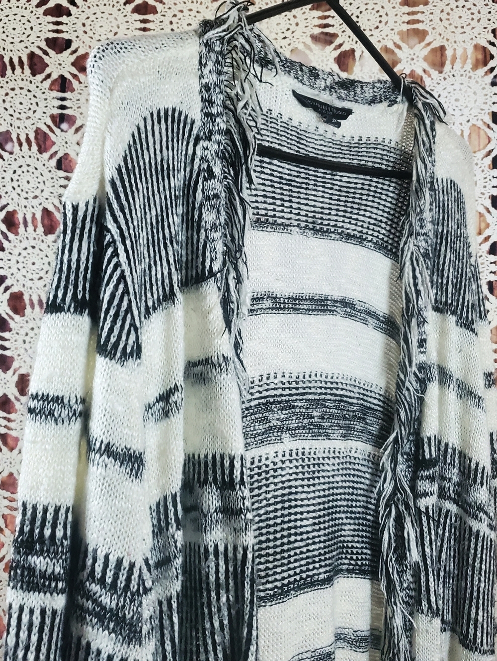 Signature Studio Black and White Fringe Open Cardigan